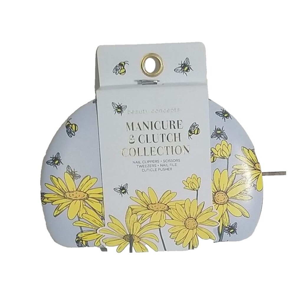 Beauty Concepts Manicure Set & Clutch NWT Blue Yellow Floral Daisy 7pc Gift